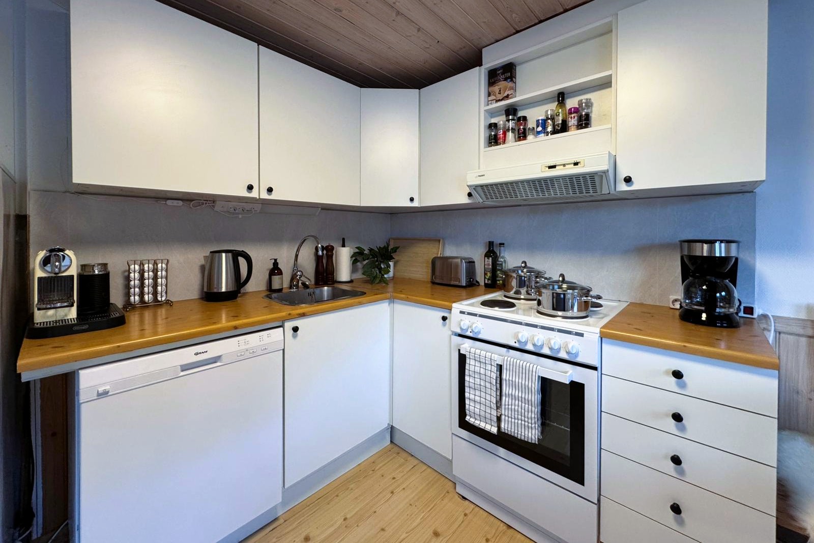 Küche mit Geschirrspüler und Backofen